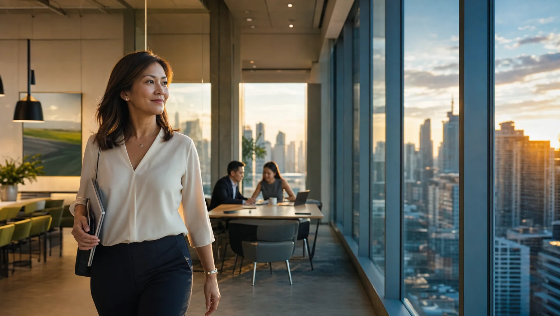 A Filipino finance leader leaving a Manila office at sunset while colleagues collaborate